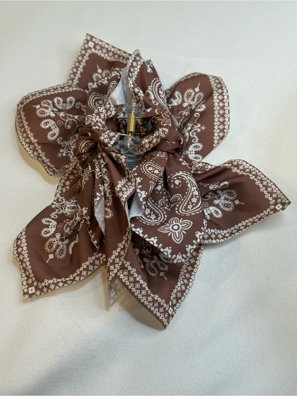 Brown Bandana Paisley Fabric Bow Claw Clip Hair Accessory 4” Boho Cowgirl NWOT